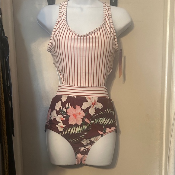Striped and Floral Women's Swimsuit - Picture 1 of 4
